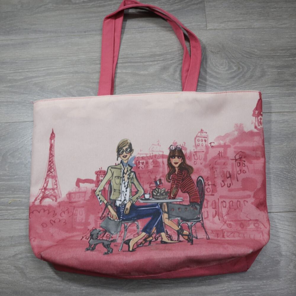 Lancome Ladies Cafe Tote Bag Handbag Pink Canvas Lined Coffee Dog Paris